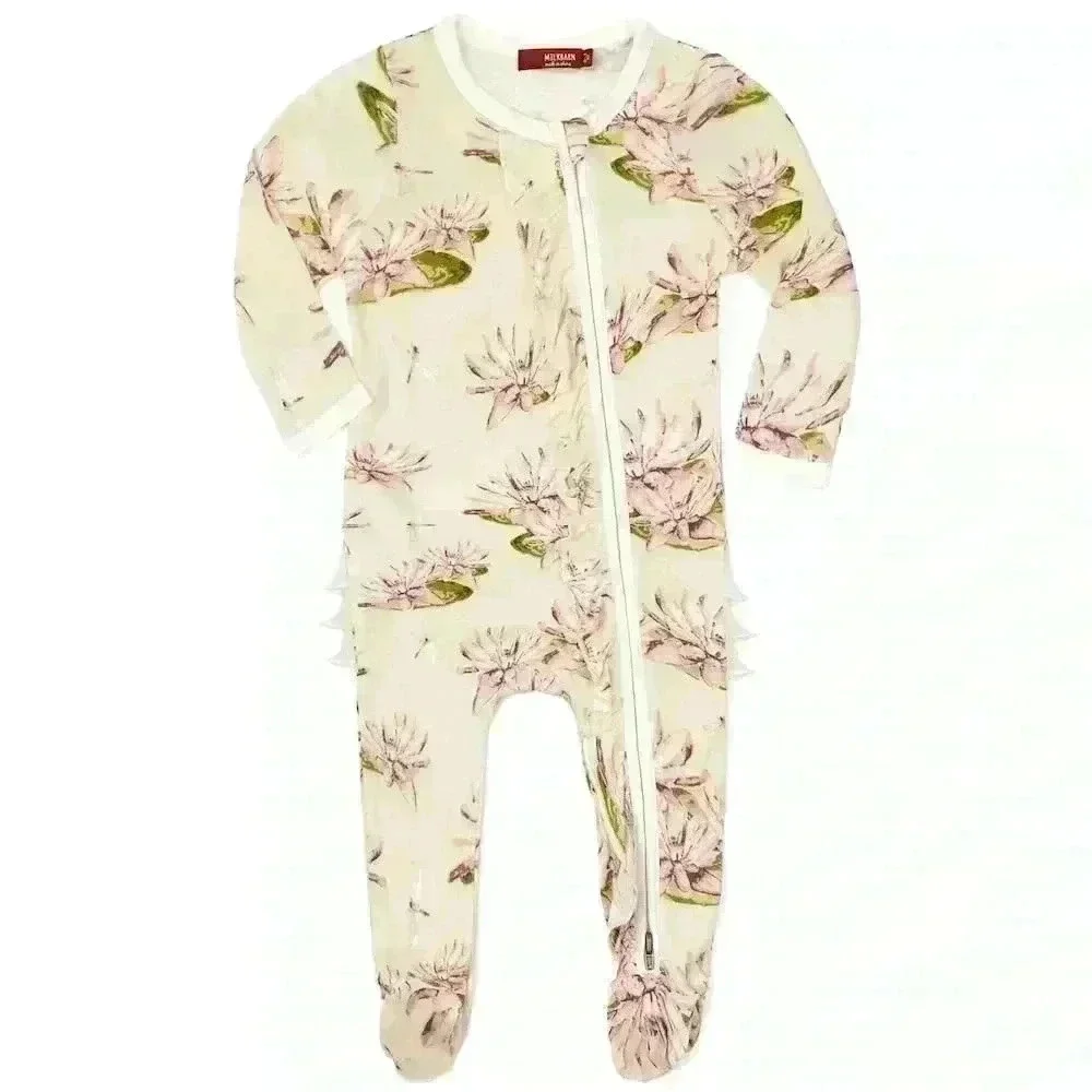 MilkBarn Water Lily Bamboo Ruffle Zipper Footed Romper Size 0-3 months